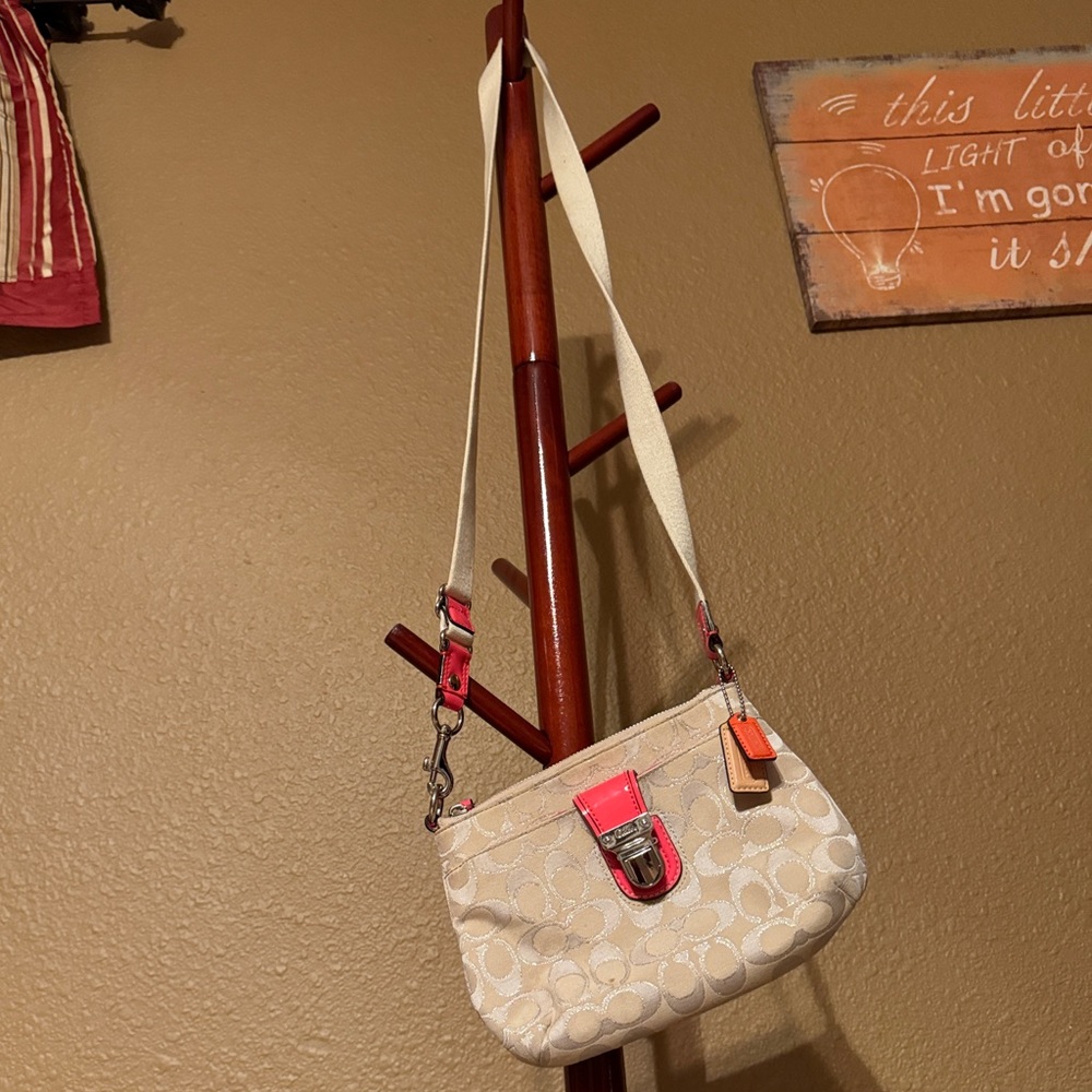 Coach Crossbody Beige Canvas Coral Leather purse